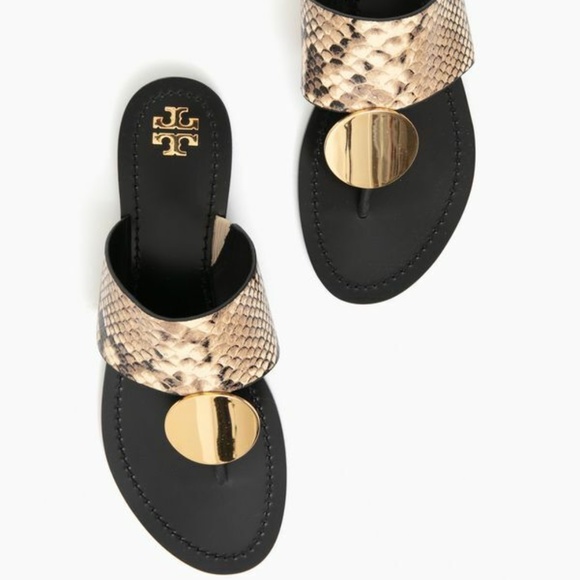 🍉Tory Burch Patos Disk Leather Sandal Desert Roccia Black Snake Embossed - Picture 3 of 8